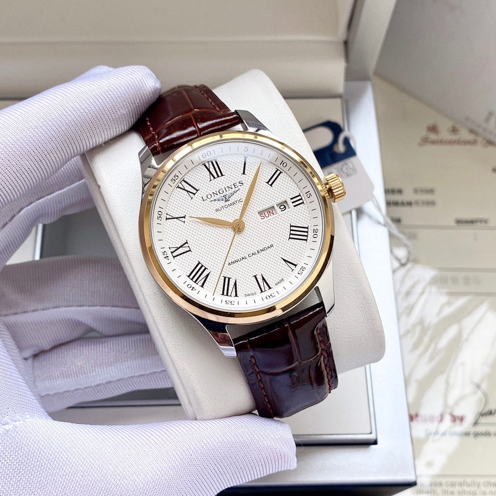 Longines wristwatch with white dial, gold-tone case, brown leather strap, Roman numerals