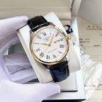 Longines wristwatch with white dial, gold-tone case, black leather strap, Roman numerals