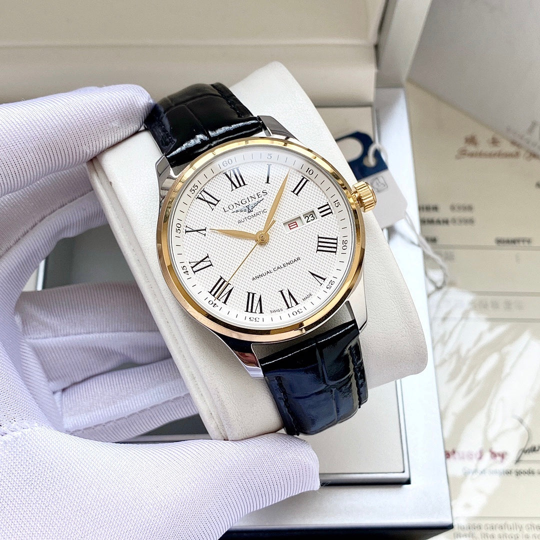 Longines wristwatch with white dial, gold-tone case, black leather strap, Roman numerals