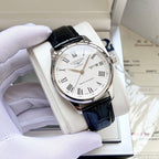 Longines wristwatch with white dial, silver-tone case, black leather strap, Roman numerals