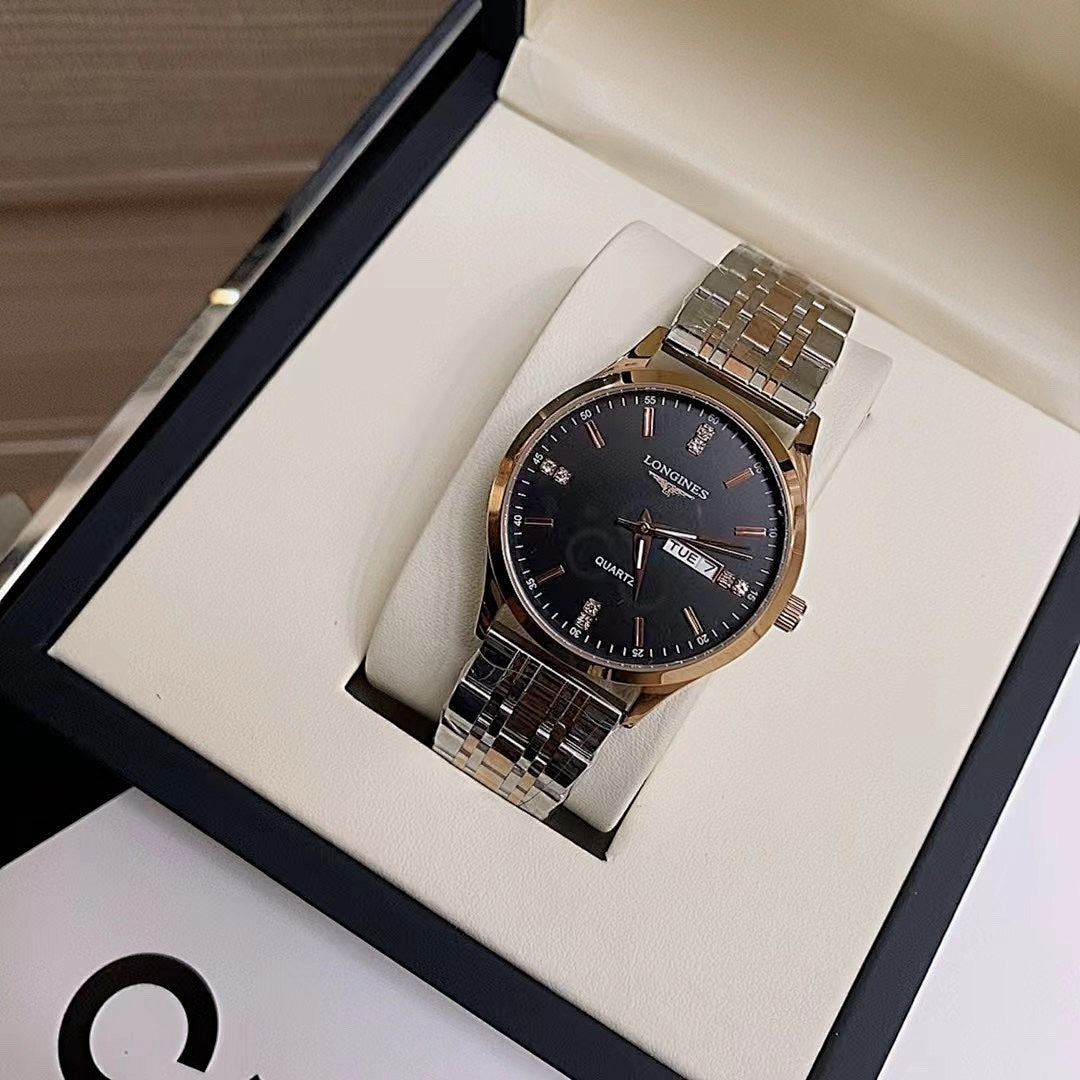Longines watch in gift box, black dial with silver metal bracelet