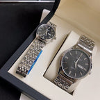 Longines watch pair in box, black dials with silver metal link bracelets