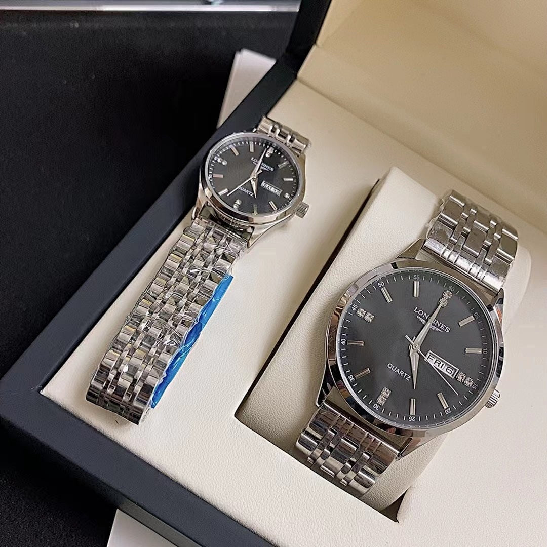 Longines watch pair in box, black dials with silver metal link bracelets