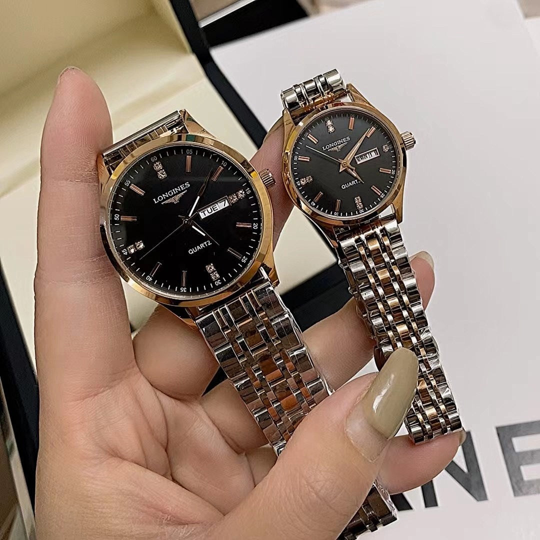 Longines watch with black dial and silver metal link bracelet