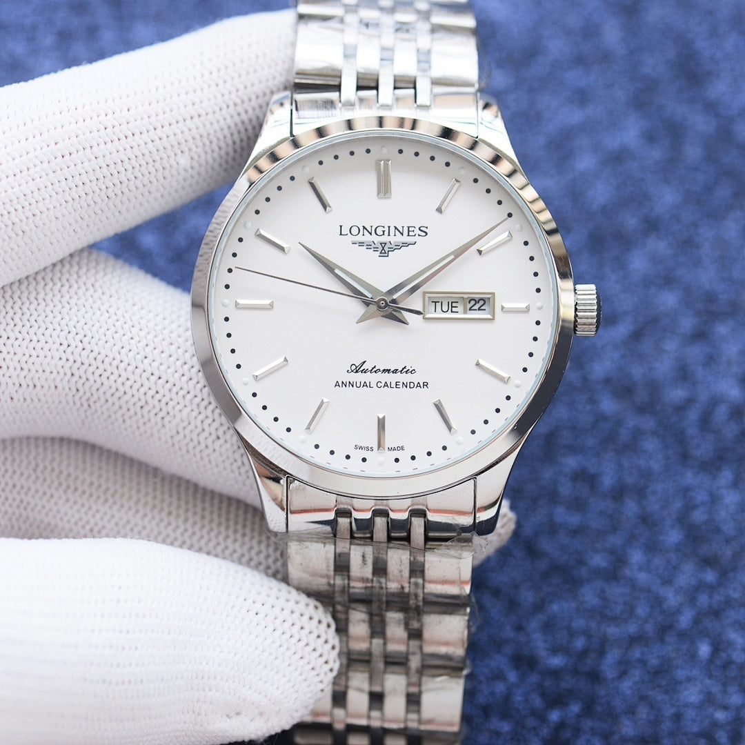 Longines watch with white dial and steel bracelet, date window at 3