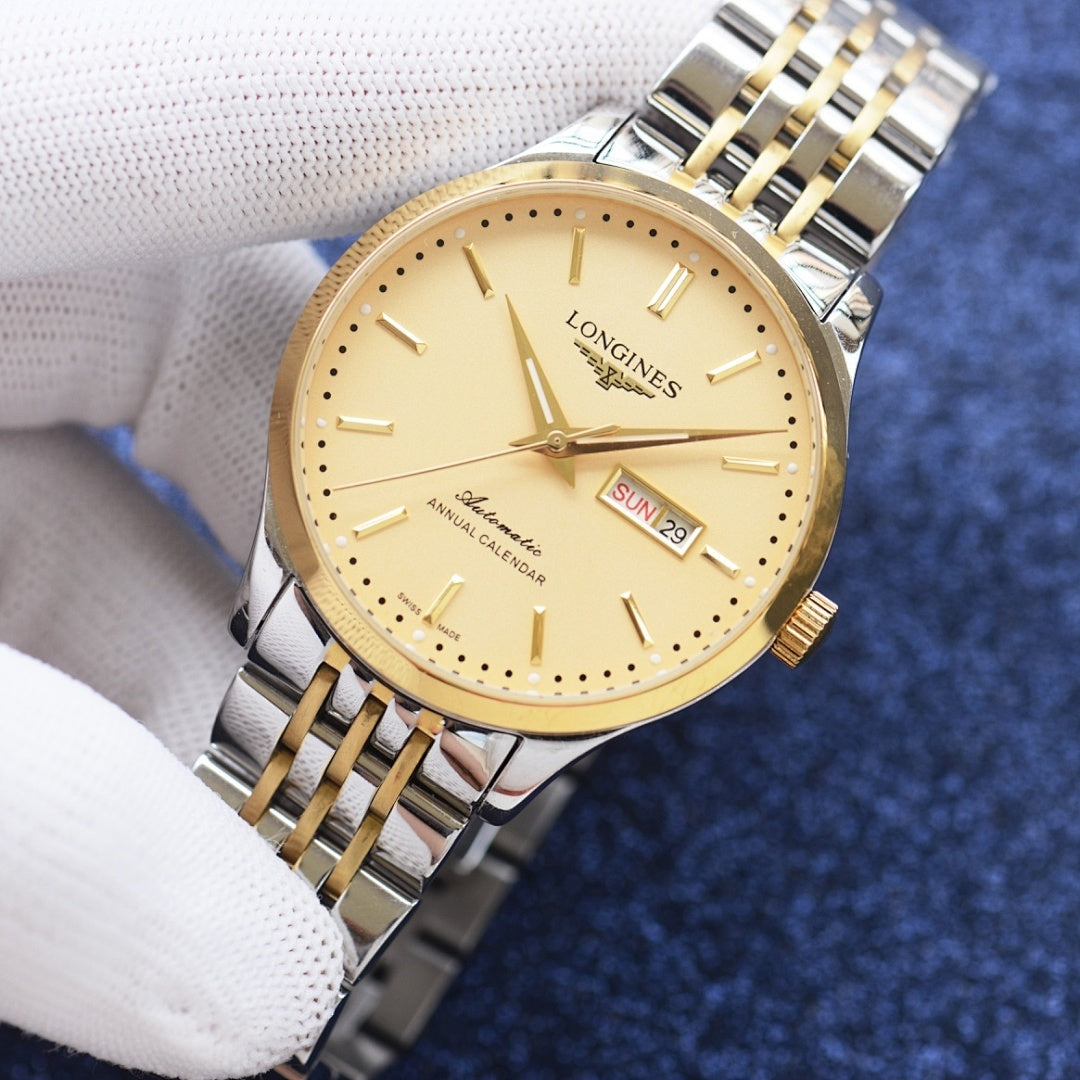 Longines watch with gold-tone dial and two-tone bracelet, day-date display at 6