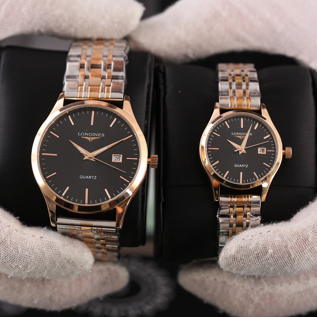 Two Longines quartz watches with rose-tone metal bracelets and dark dials, date window visible