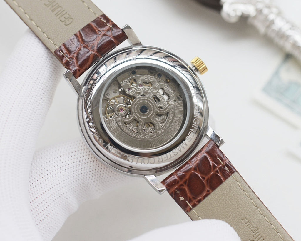 Automatic wristwatch with brown leather strap, exposed skeleton caseback