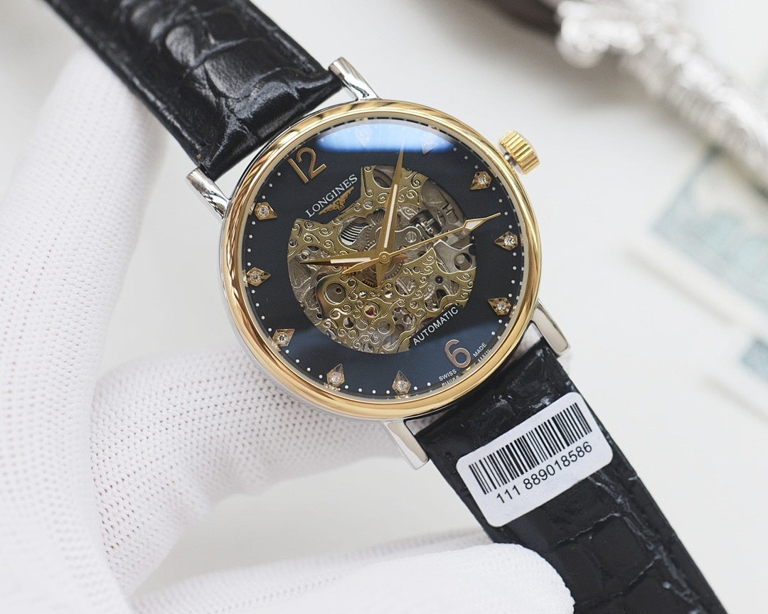 Automatic wristwatch with black leather strap, gold case, dark blue skeleton dial