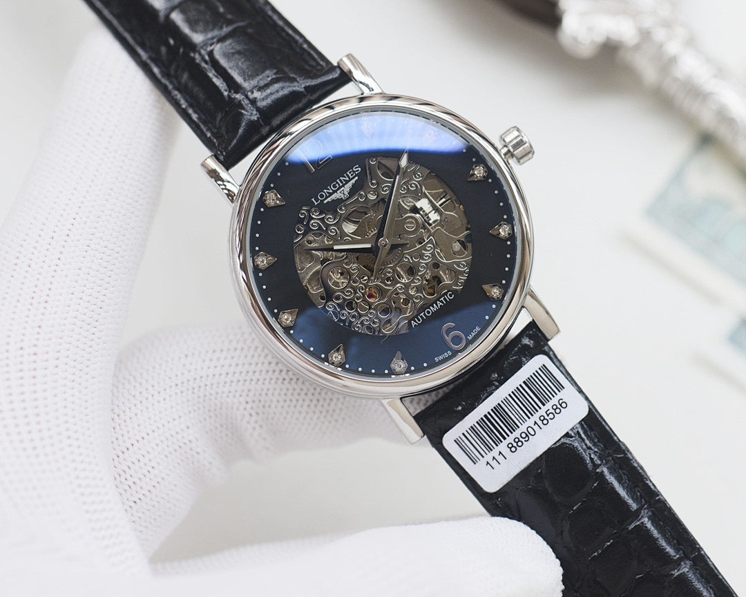 Automatic wristwatch with black leather strap, silver case, dark skeleton dial