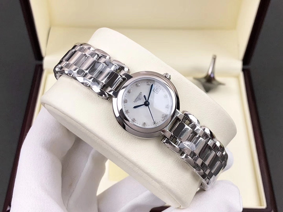 Longines watch with silver stainless steel bracelet and white dial