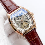 Longines skeleton watch with blue dial, rose-gold case, brown leather strap