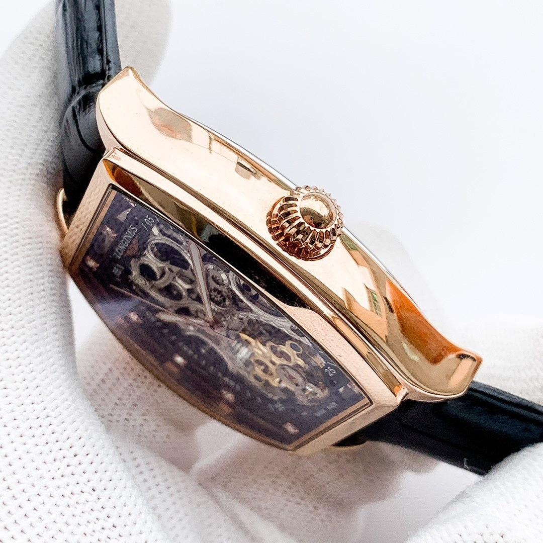 Longines watch case and crown, rose-gold finish, black leather strap