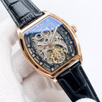 Longines skeleton watch with blue dial, rose-gold case, black leather strap, angled