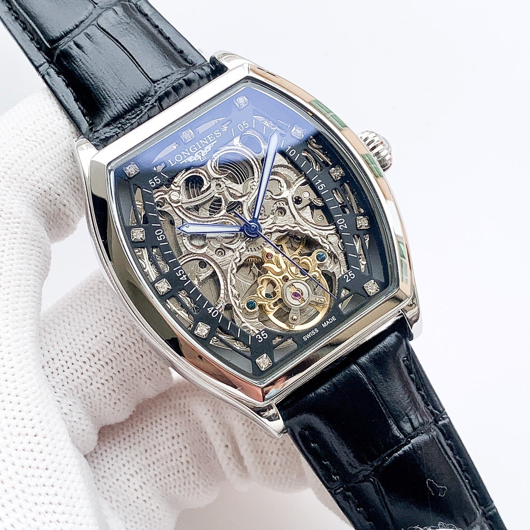 Longines skeleton watch with blue dial, rose-gold case, black leather strap