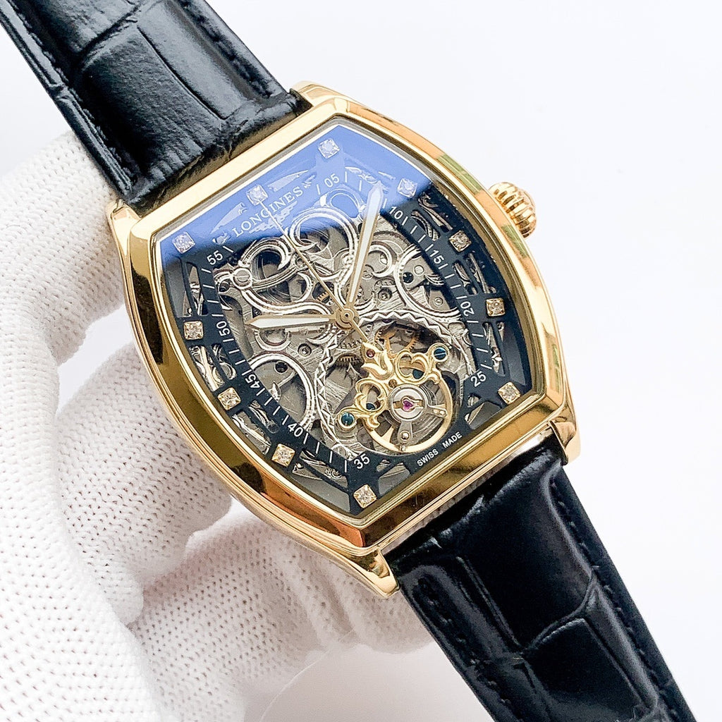 Longines skeleton watch with blue dial, rose-gold case, black leather strap