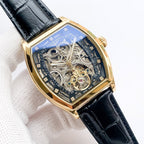 Longines skeleton watch with blue dial, rose-gold case, black leather strap