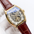 Longines skeleton watch with blue dial, rose-gold case, brown leather strap, angled