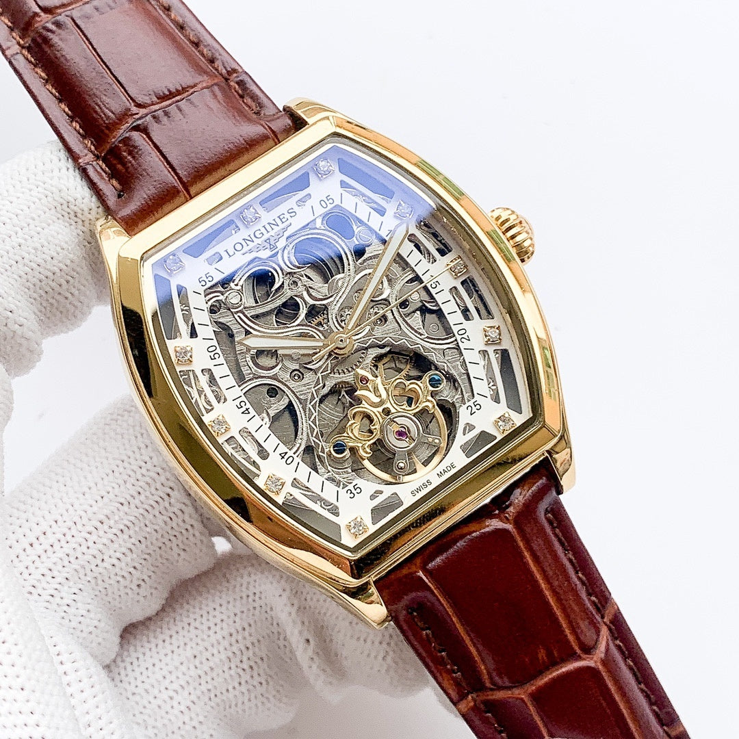 Longines skeleton watch with blue dial, rose-gold case, brown leather strap, angled