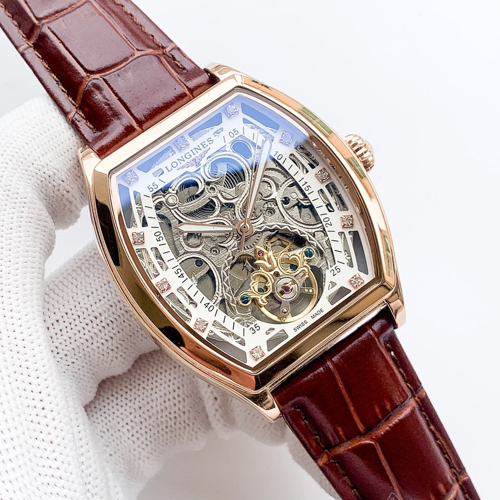 Longines skeleton watch with blue dial, rose-gold case, brown leather strap