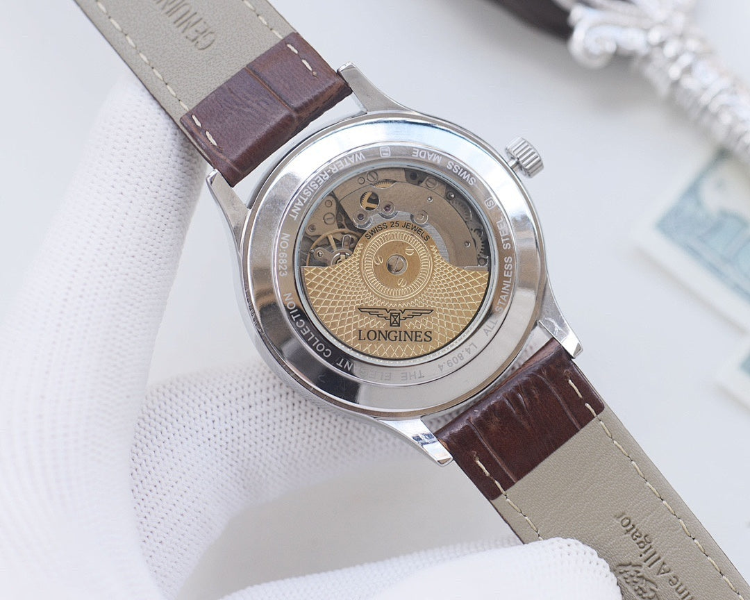 Longines watch caseback with brown leather strap, see-through movement window