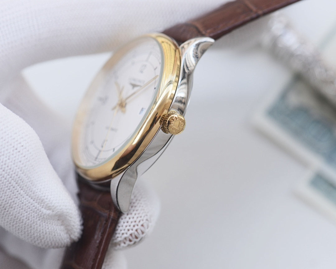 Longines watch with brown leather strap and two-tone case, crown detail