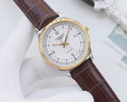 Longines watch with brown leather strap and gold-tone bezel, white dial