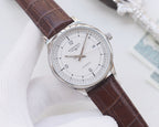 Longines watch with brown leather strap and silver bezel, white dial