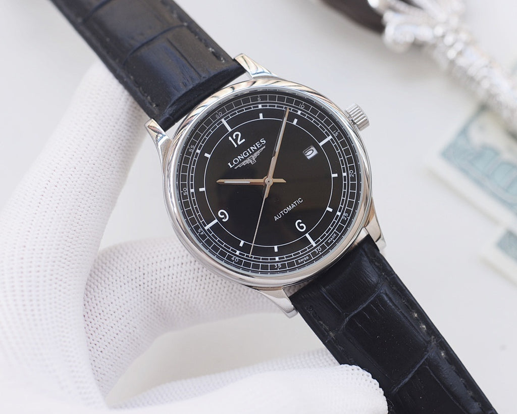 Longines watch with dark leather strap, silver case and black dial