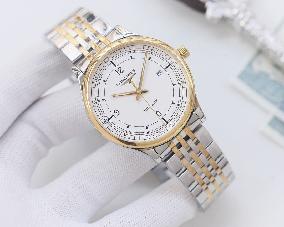Longines watch with two-tone metal bracelet and white dial, gold-tone bezel