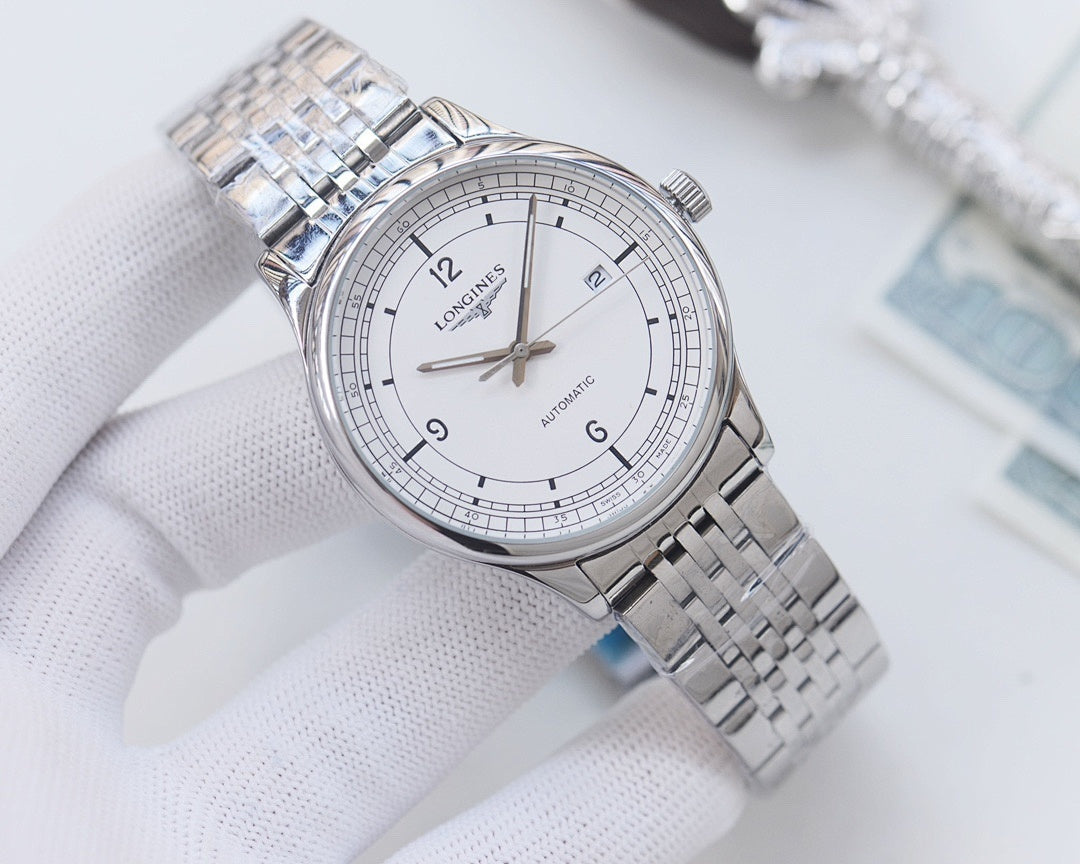 Longines watch with steel bracelet and white dial, silver-toned case