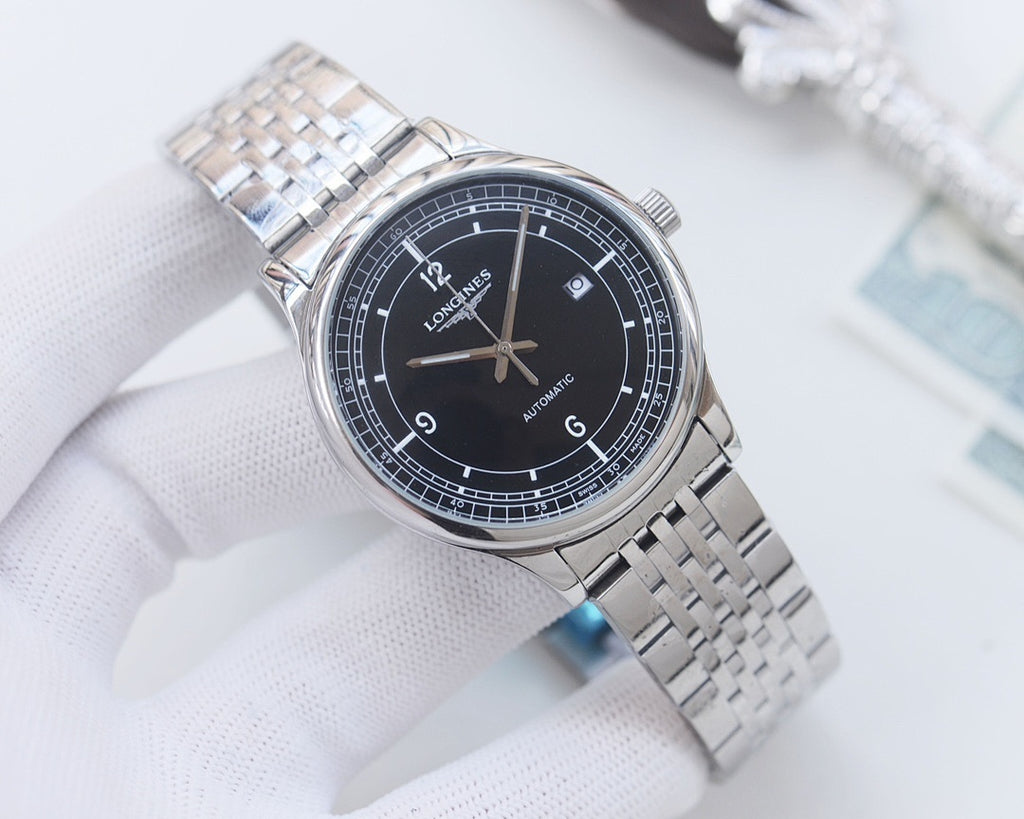 Longines watch with steel bracelet and black dial, silver-toned case