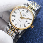 Two-tone wristwatch with white dial, roman numerals, gold accents, steel bracelet