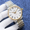 Longines two-tone wristwatch with white dial and roman numeral markers, gold bezel