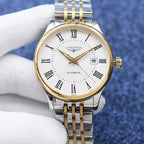 Longines two-tone wristwatch with white dial, roman numerals, and automatic label