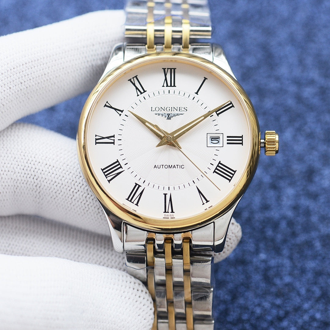 Longines two-tone wristwatch with white dial, roman numerals, and automatic label