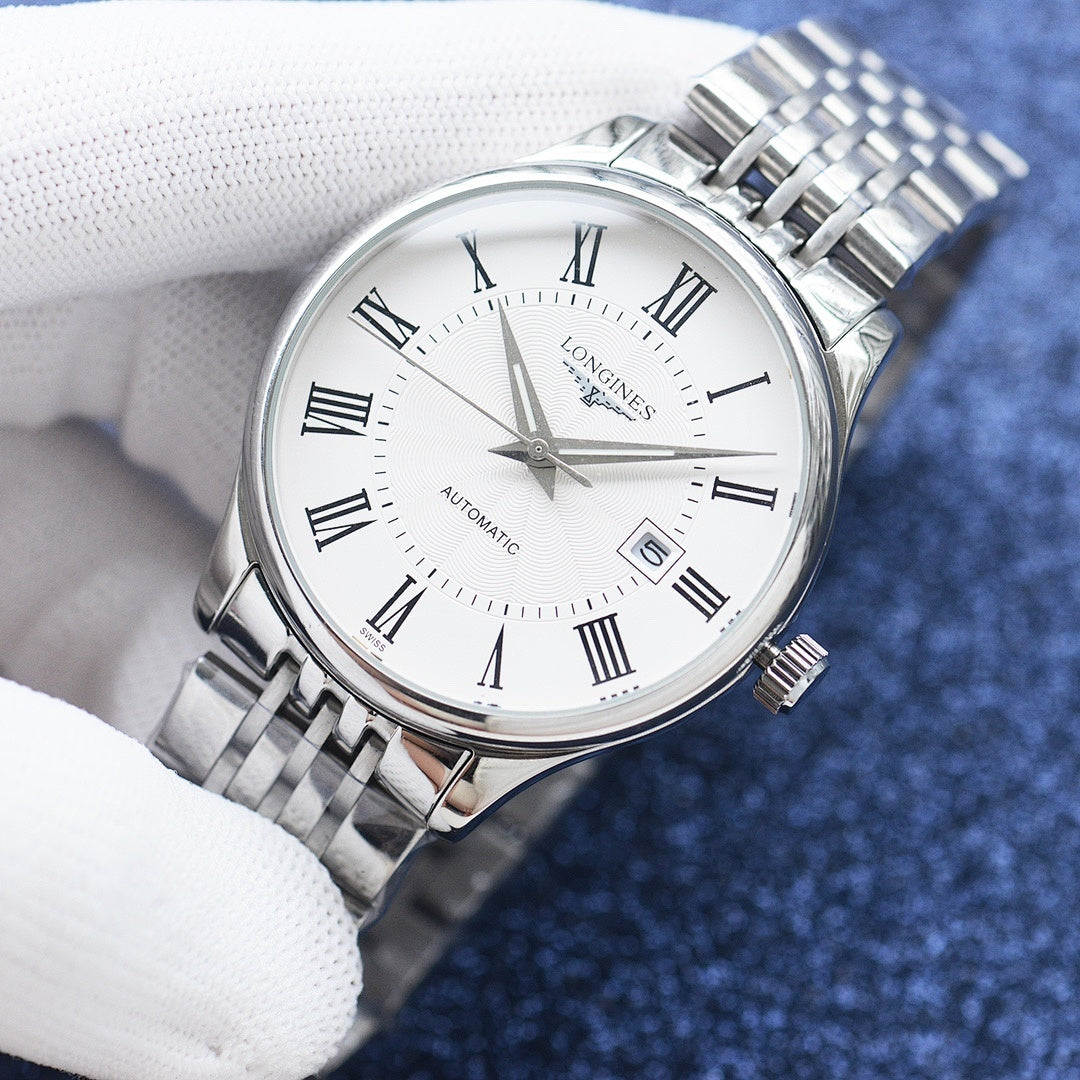 Two-tone wristwatch with white dial, roman numerals, gold-toned center accents