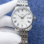 Two-tone wristwatch with white dial, roman numerals, automatic subdial, steel bracelet
