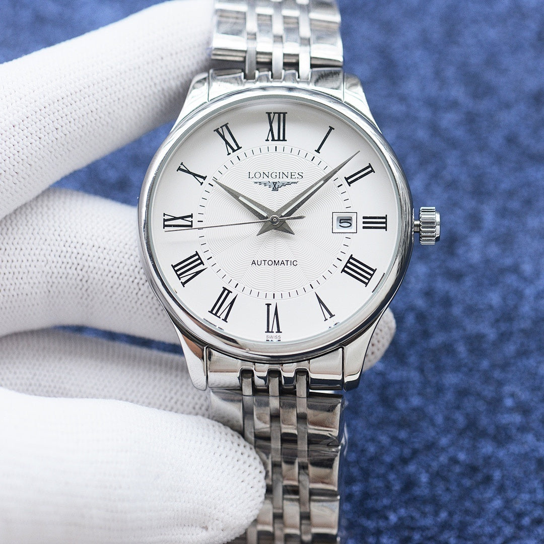 Two-tone wristwatch with white dial, roman numerals, automatic subdial, steel bracelet