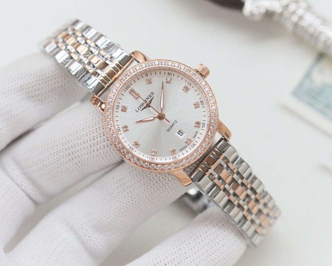 Watch with rose-gold tone case, two-tone metal bracelet and white dial