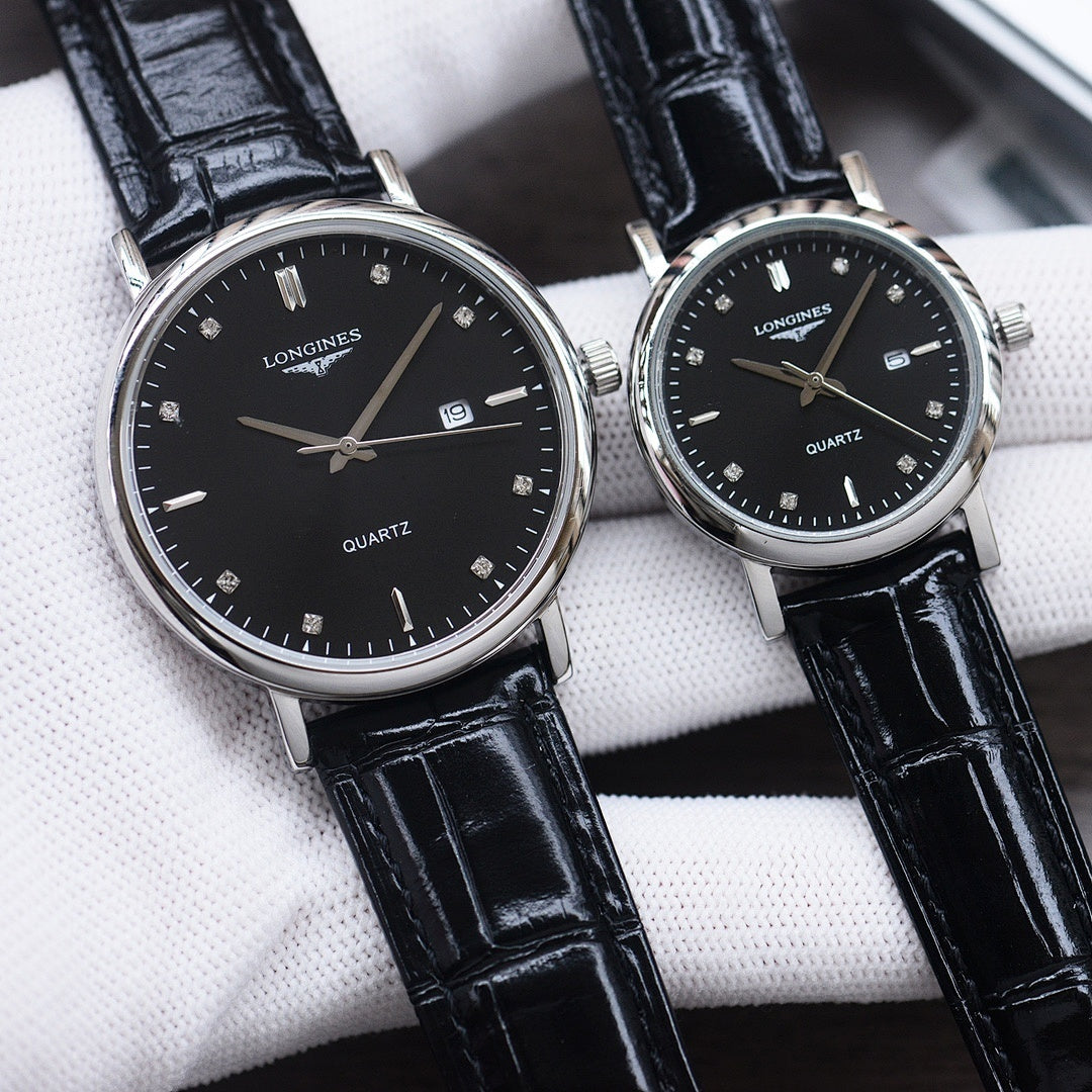 Longines watch with black dial and black leather strap, silver-tone case, quartz markers.
