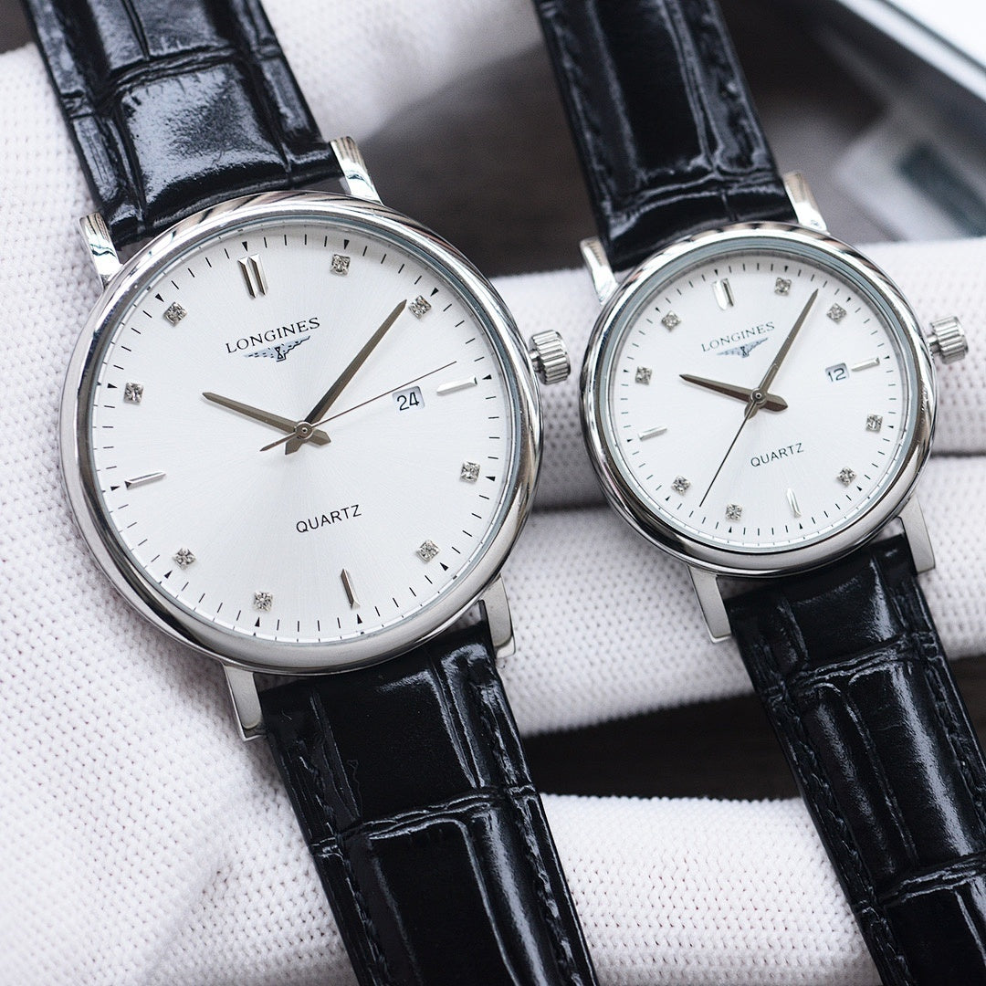 Longines watch with white dial, gold hour markers, black leather strap, silver-tone case.