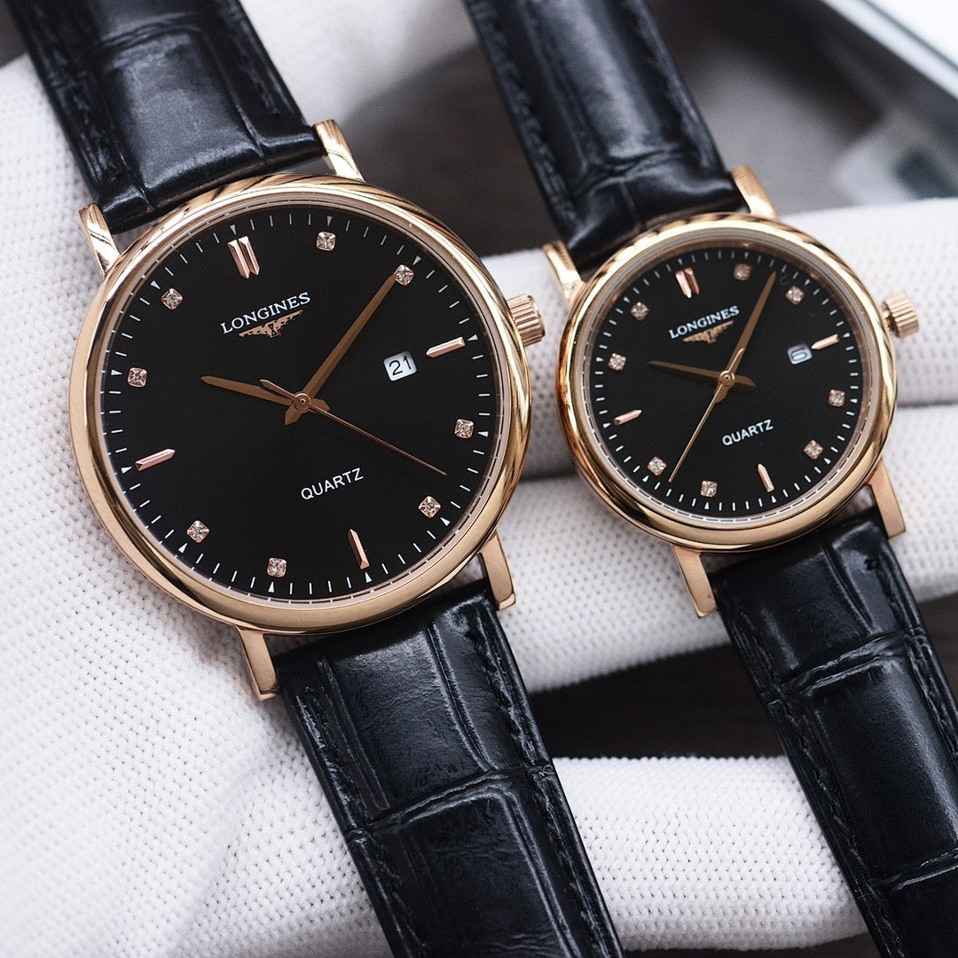Longines watch pair with black dials, black leather straps, gold-tone cases, quartz text.