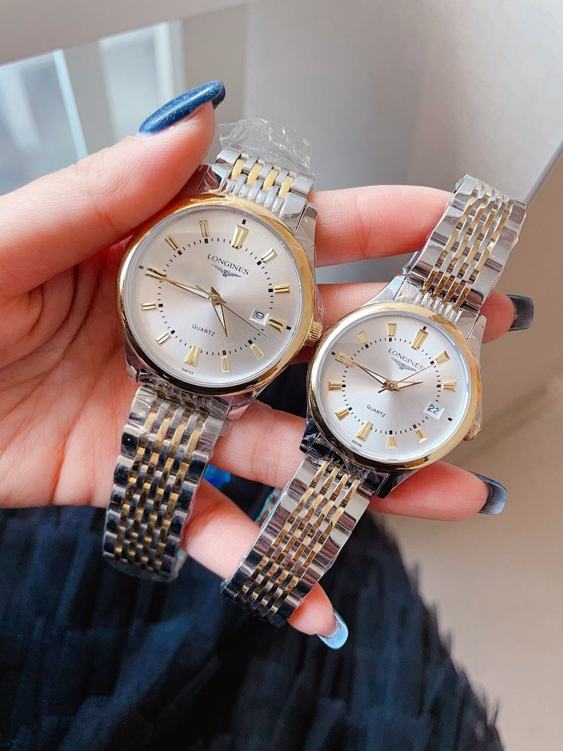 Longines wristwatch, champagne dial with steel link bracelet, two watches shown.