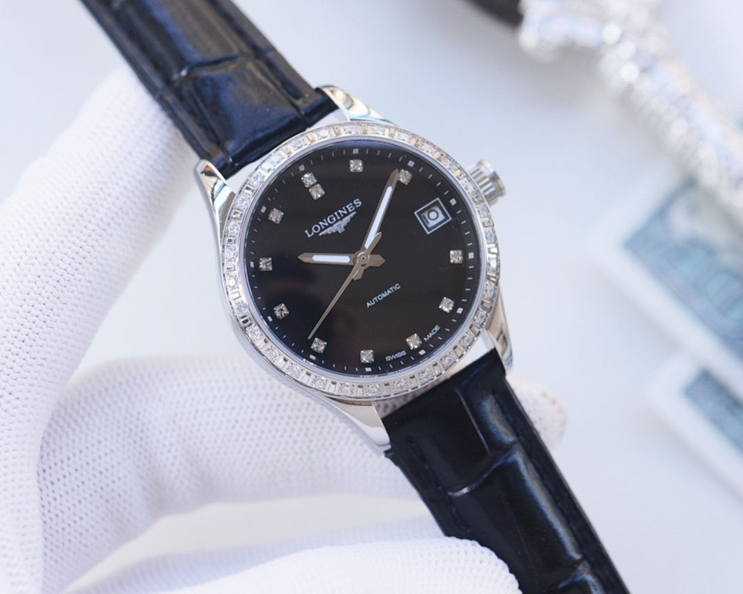 Longines dress wristwatch with black dial, rose-gold hands, dark leather strap, date window