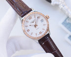Longines dress wristwatch with white dial, rose-gold bezel, brown leather strap