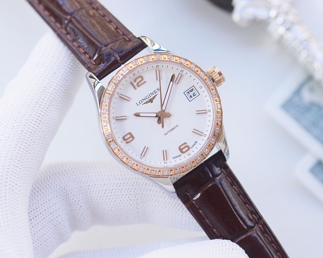 Longines dress wristwatch with white dial, rose-gold bezel, brown leather strap