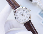 Longines wristwatch with white dial and brown leather strap, silver case and bezel
