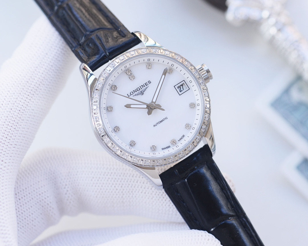 Longines wristwatch with white dial, silver bezel, black leather strap and date window