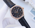 Longines dress wristwatch with black dial, rose-gold bezel, dark leather strap